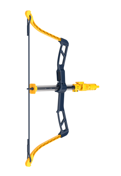 Bug Bow salt-shooting bow, left side profile — navy body with yellow bow arms and the salt barrel and hopper assembly