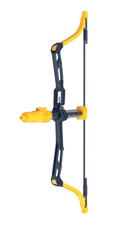Bug Bow salt-shooting bow, front three-quarter angle showing the yellow barrel and salt hopper