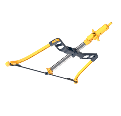 Bug Bow salt-shooting bow, elevated three-quarter view showing the hopper, barrel, air tube and bow arms