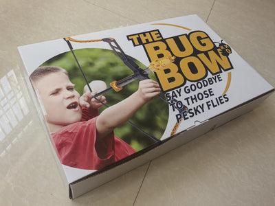 The BUG BOW retail box showing the product artwork, logo, and Say Goodbye To Those Pesky Flies tagline